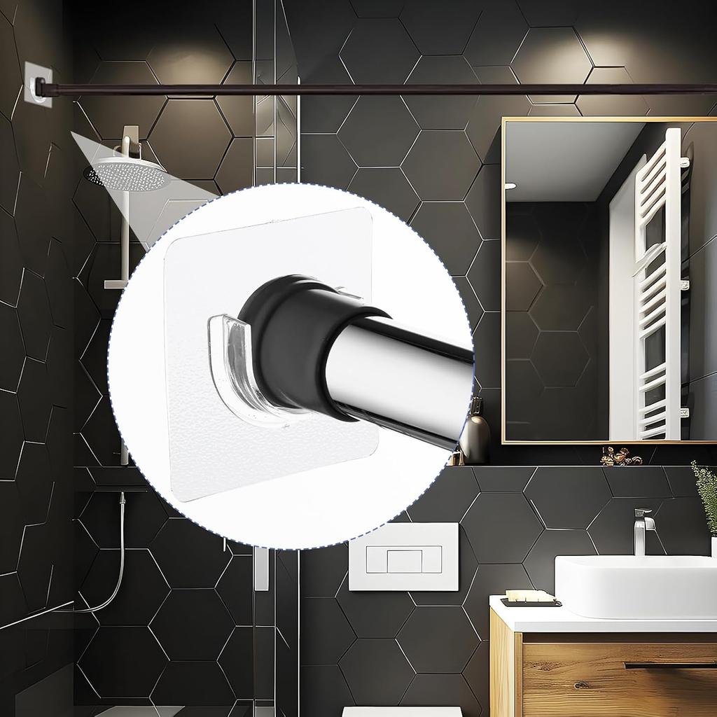 Shower Curtain Rod 8 PCS No Drill Retainer Brackets Tension Holders Adhesive Holder Closet Hooks Rods For Bathroom Wardrobe Curved Clips Wall Strip