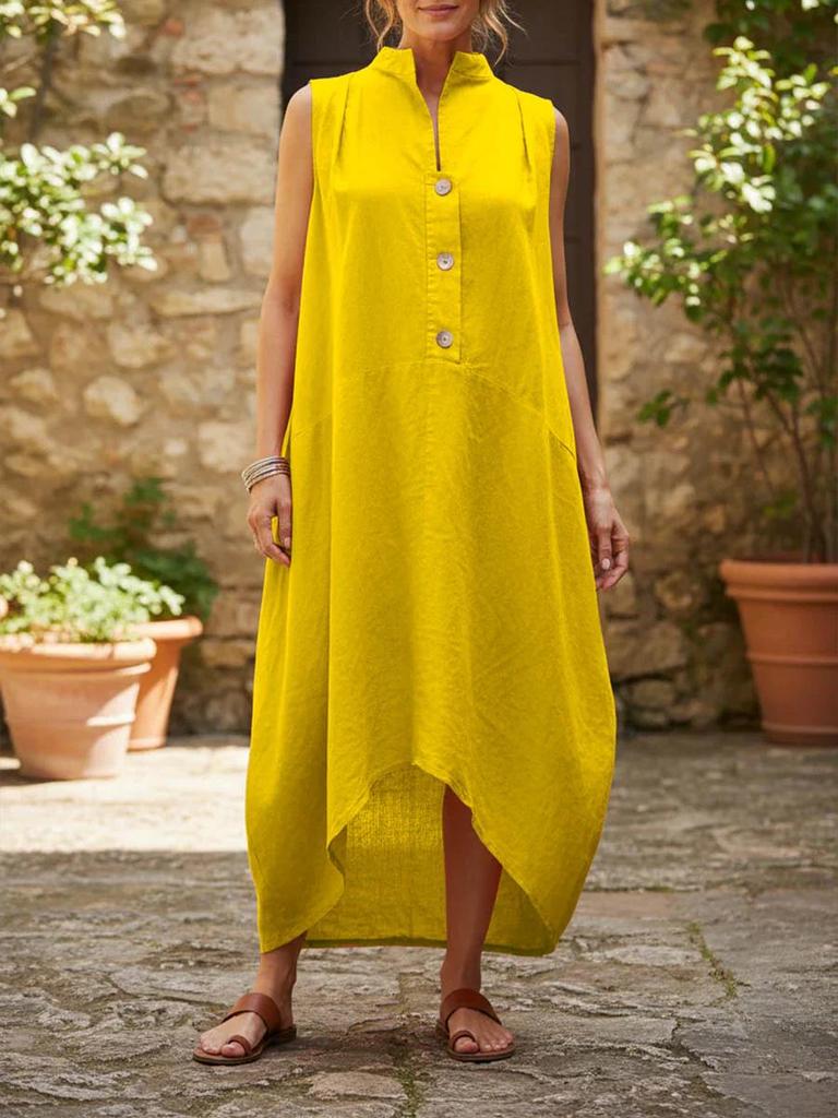 Women's 2026 Sleeveless Cotton Linen Long Dress with Stand Collar - Casual & Loose Fit