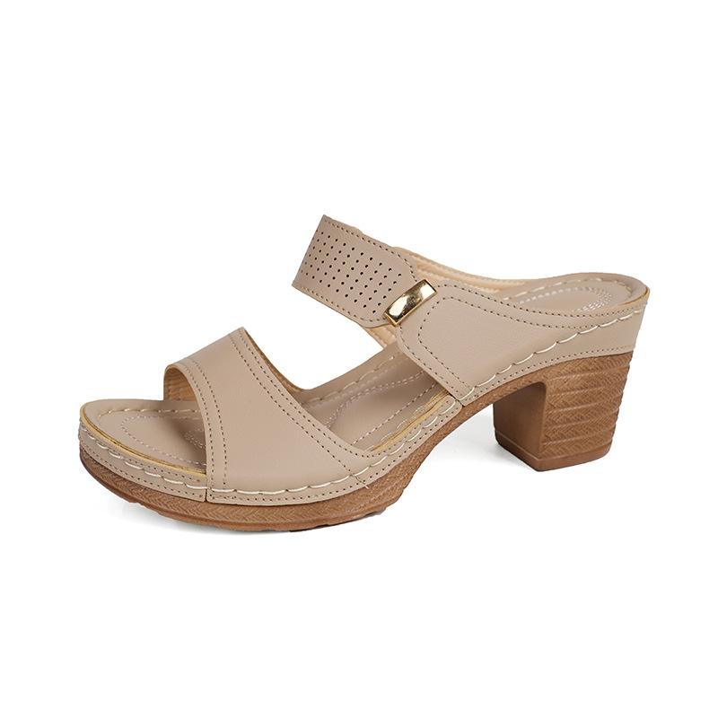 Large size open-toed high-heeled slippers women's new thick-heeled embossed fashion slippers