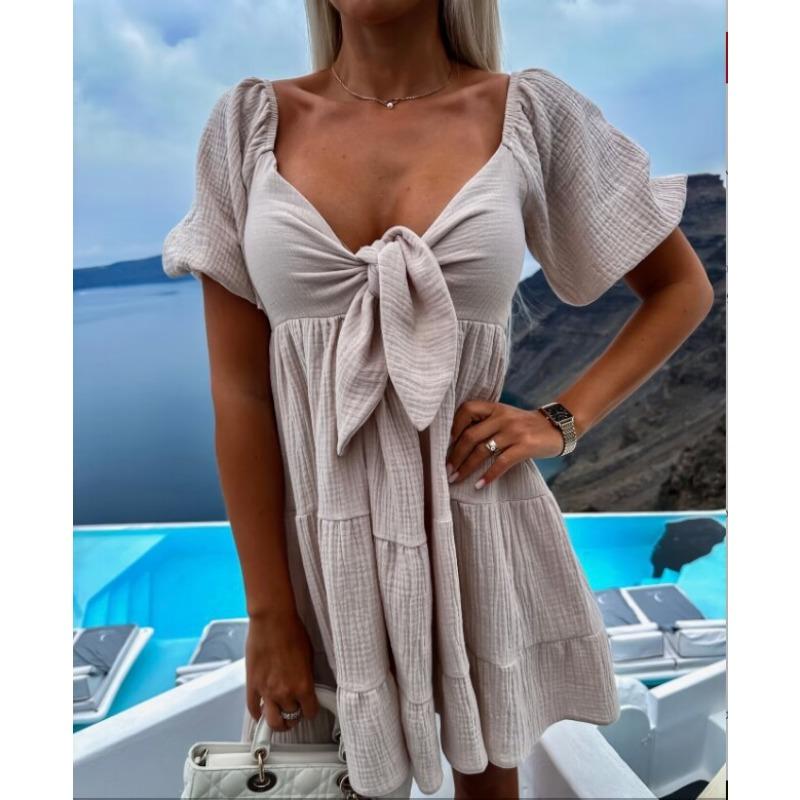 

YYFS женские модные летние весенние однотонные повседневные платья с короткими рукавами и v-образным вырезом и высокой талией XXL абрикосовый