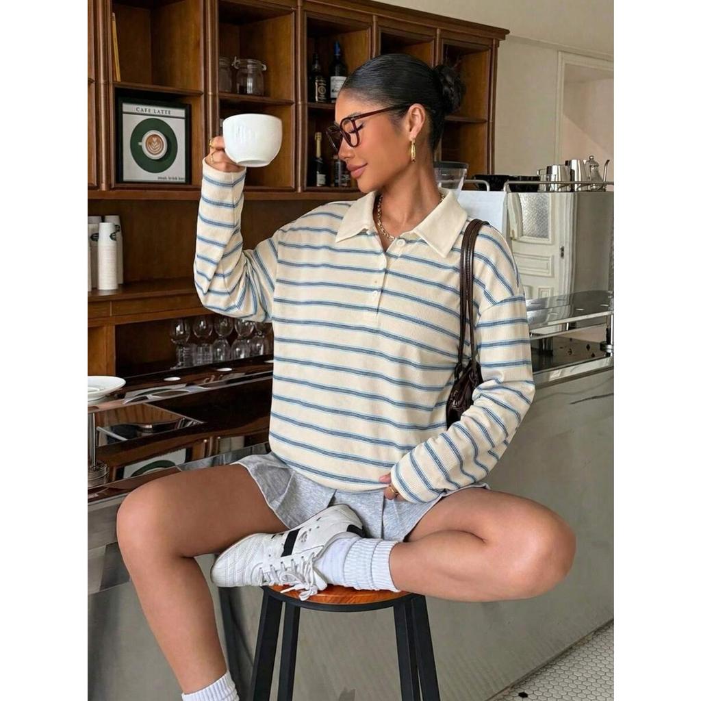 Fall Winter Women's Striped Button Polo Neck Casual Sweatshirt, European American Style Crossbody New Arrival