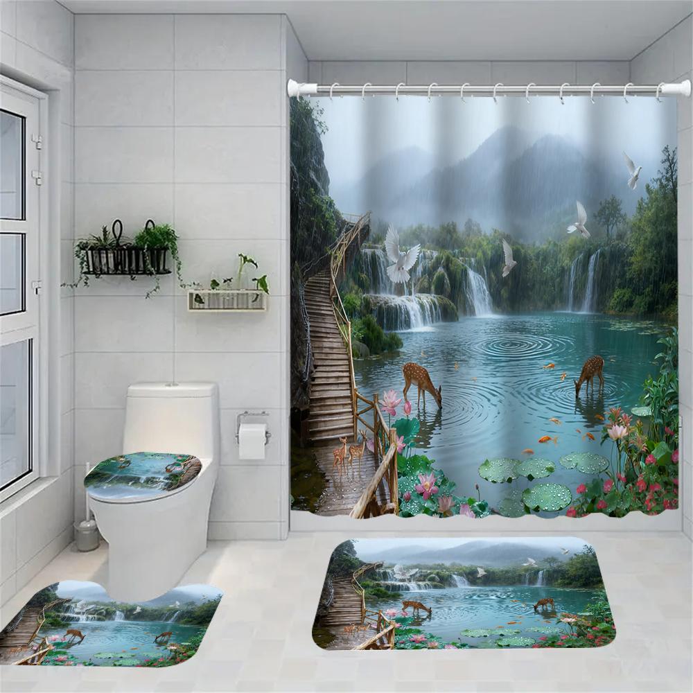 1/4 Forest Waterfall Print Shower Curtains, Toilet Seat Decoration, Shower Curtain with Carpet and Toilet Lid, 70.8x70.8 Inch