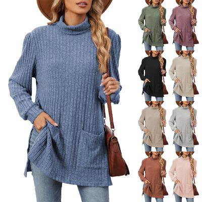 2024 Autumn And Winter New Semi High Neck Long Sleeved Loose Slit Pocket T-Shirt Top For Women
