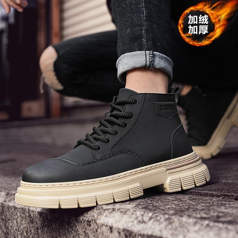 Leather high-top velvet thick-soled Martin boots retro trend lace-up tooling boots men's thickened warm leather boots