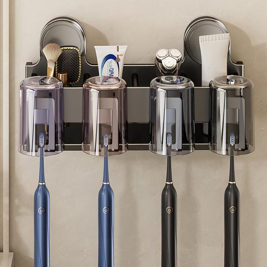 Toothbrush Holder with Suction Cup Carbon Steel ABS Waterproof Rust-Proof Wall Mounted Double-Layer Storage for Bathroom Organizer