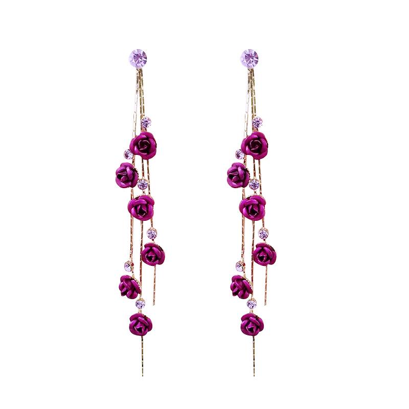 Korean Style Red Rose Tassel Earrings - Super Fairy Face Slimming Dangle with S925 Sterling Silver Studs.
