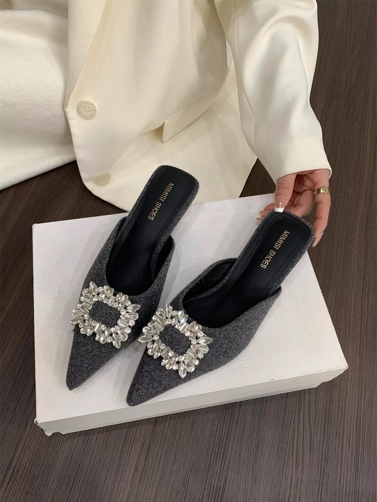 Aphixta Sexy Med Heels Elegant Women Slides Pointed Toe Summer Dress Slides Luxury Crystal Grey Low Heel Slipper Shoes