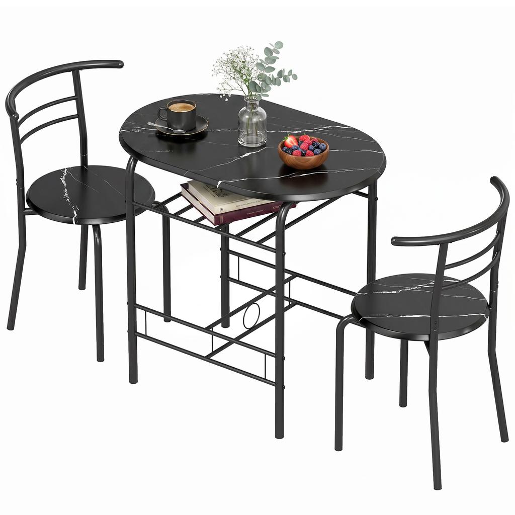 3-teiliges Esszimmer-Set, Küchentisch und Stühle für 2 Personen mit Regal, Wohnzimmer, Schwarze Marmoroptik