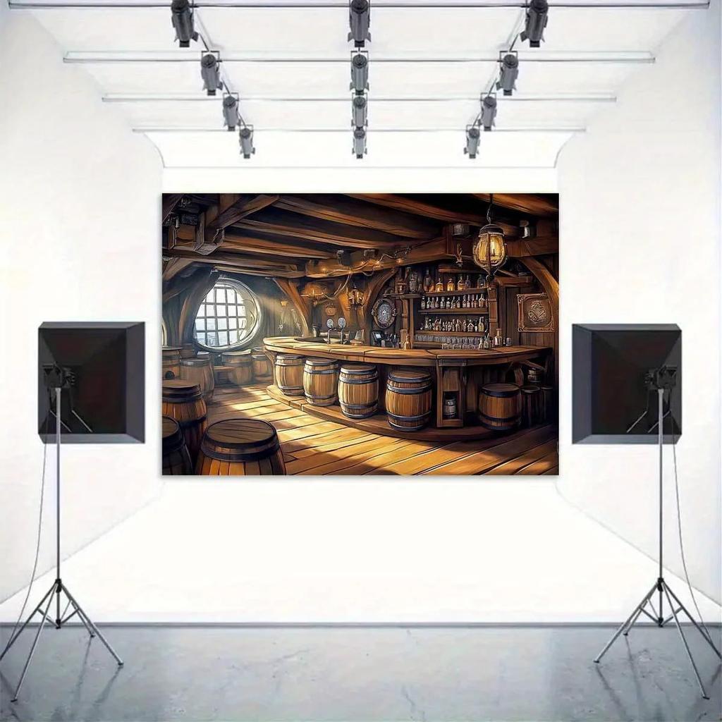 1 Polyester Foto-Hintergrundbanner, Piratenbar, Retro-Stil, Bar-Interieur und Fass-Party-Hintergrundstoff