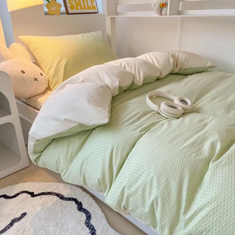 Ins Style Bedding Set Waffle Summer Student Dormitory Duvet Cover Set Bed Sheet Three Piece Set KING Queen