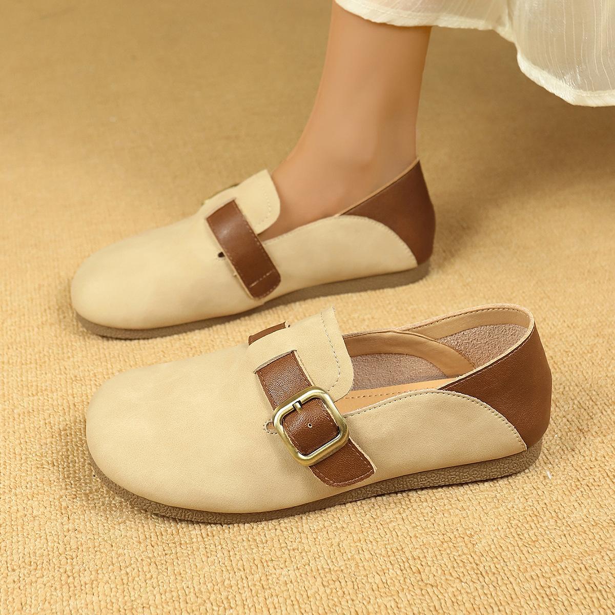 

Ретро женские весенне-осенние 2025 новые простые резиновые мягкие подошвы с круглым носком на плоской подошве повседневные туфли-слипоны 35 абрикосовый