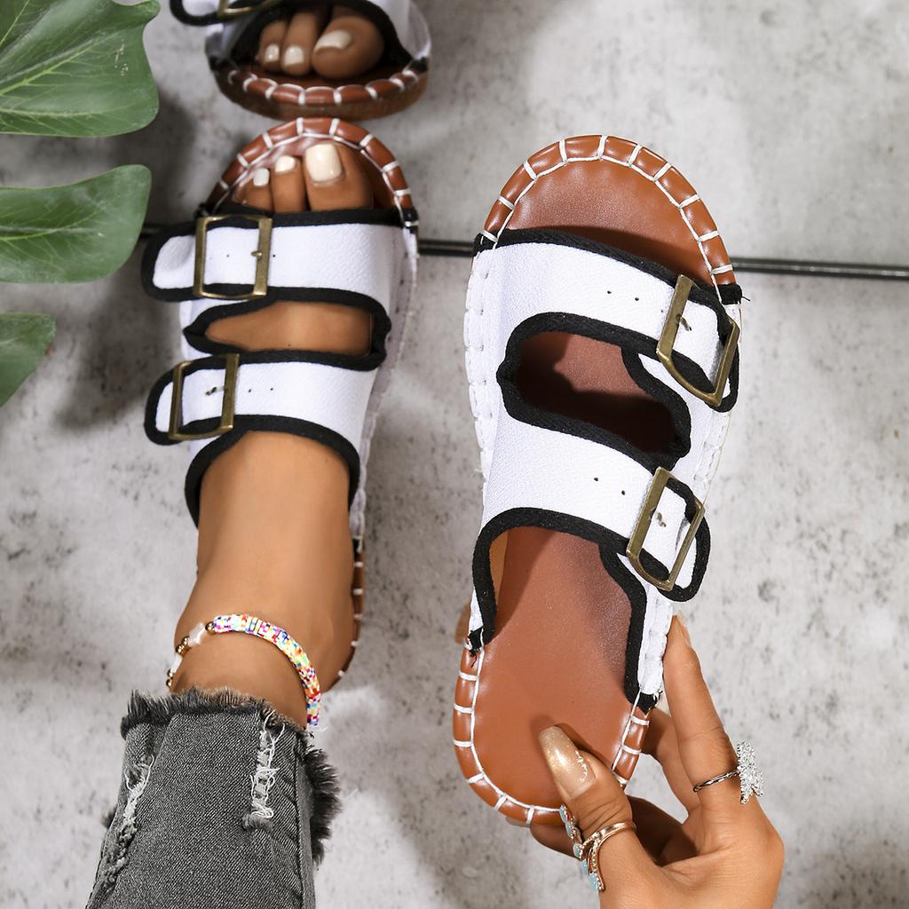 Fashion Slippers Women 2025 Spring and Summer New Round Head Soft Sole Women's Shoes Double Buckle A Word Outside To Wear Beach Slippers