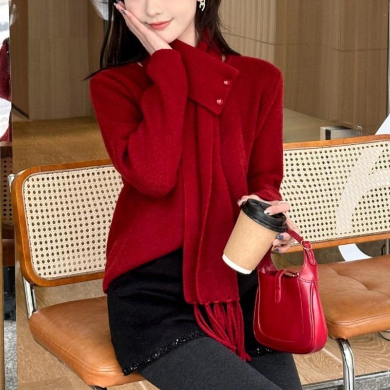 Retro Red Christmas Sweater with Detachable Scarf - Women's Winter Knit Top
