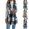 Damski płaszcz wełniany w kratę dwurzędowy z kieszeniami długa kamizelka