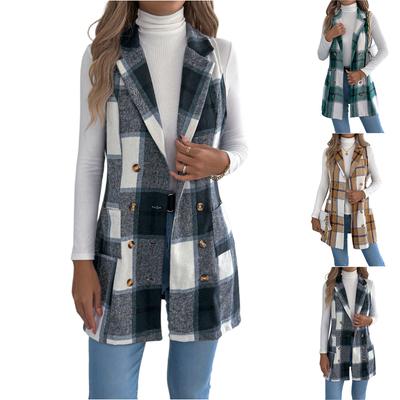 Women's Plaid Double-Breasted Pocket Woolen Coat Long Vest