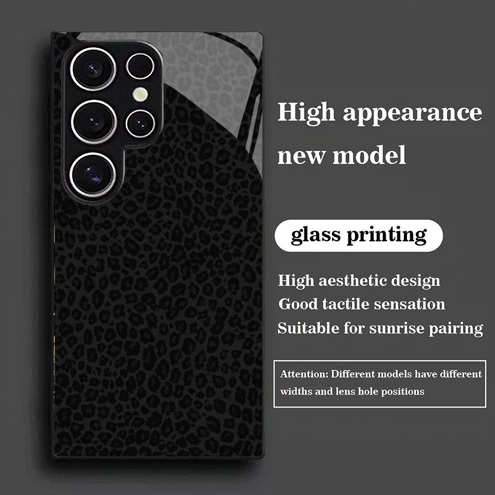 Black leopard print tempered glass phone case suitable for Samsung Galaxy S26 S25 S24 S23 S22 S21 S20 FE/Ultra/Plus anti drop