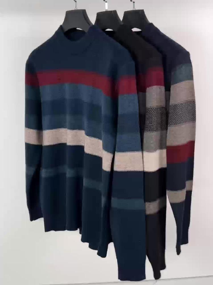 All Match Knitted Color Block Sweater, Men's Casual Warm High Stretch Crew Neck Pullover Sweater For Men Fall Winter