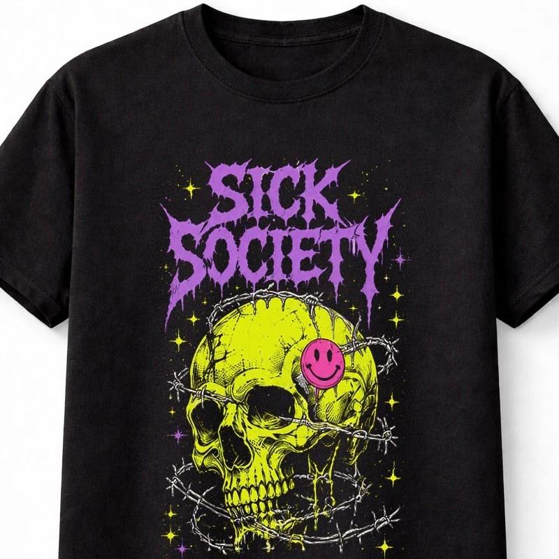 Sick Society Skull Barbed Wire Gothic Punk Graphic Unisex TShirt S
