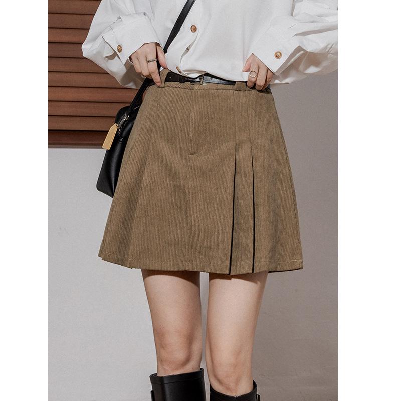 Women's Retro High-Waist Corduroy A-Line Skirt: Age-Reducing, Pleated, Simple, Versatile, Anti-Exposure Design for Autumn