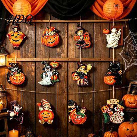 Retro Cartoon Style Party Favors Halloween Wooden Pendants with Lanyard Vintage Hanging Ornaments Pumpkin Ghost Black Bulk Decorations for Events Cat