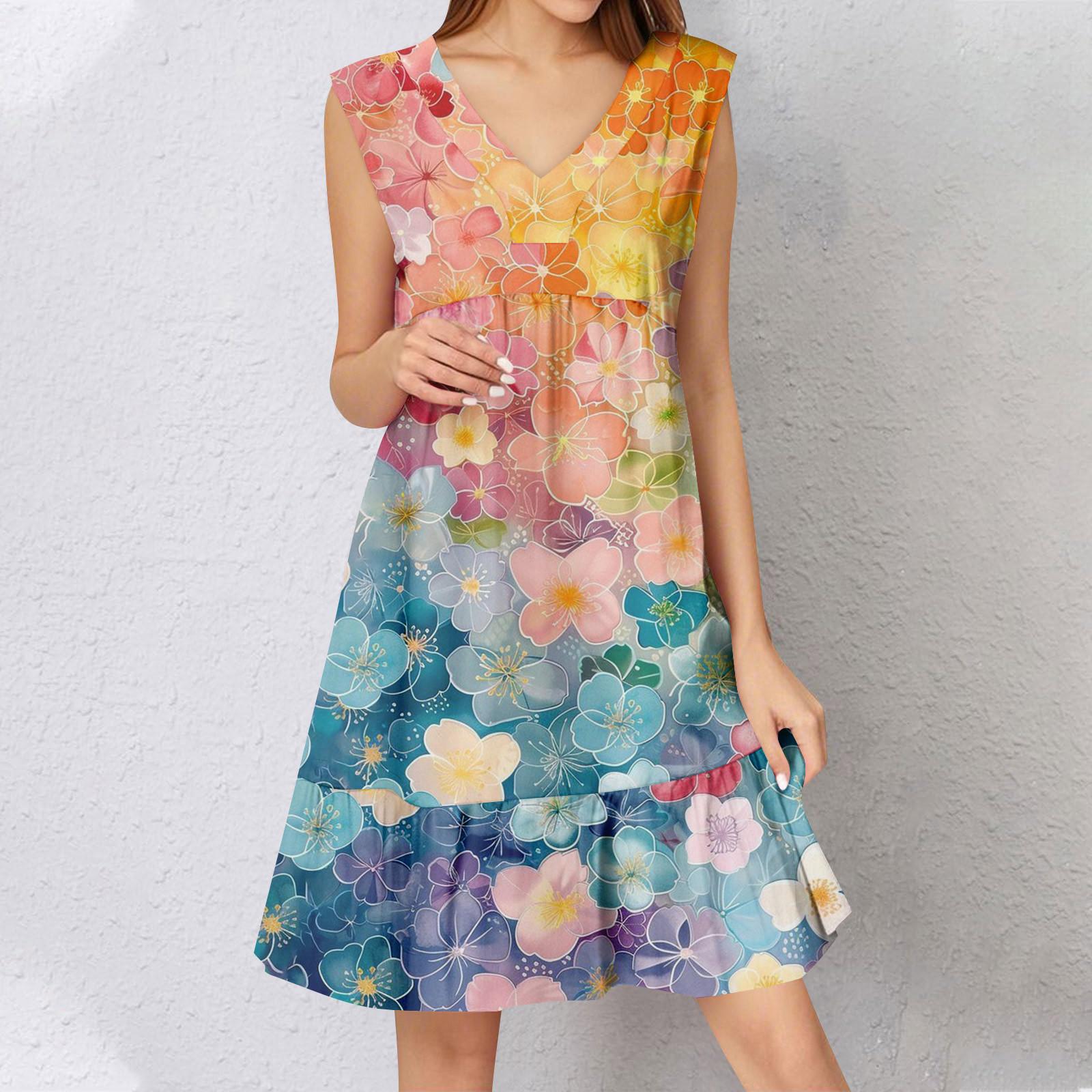 

Womens Summer Dress Sleeveless V Neck Printing Short Dresses Fashion Casual Flowy Boho Ruffle A Line Swing Sundress XL жовтий