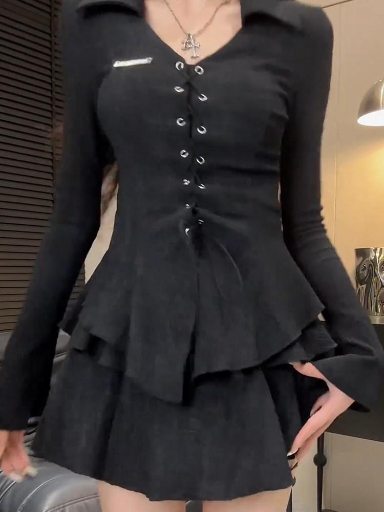 Conjunto Vintage Francés de Top de Manga Larga con Cuello en V y Falda Corta Ceñida a la Cintura para Mujer