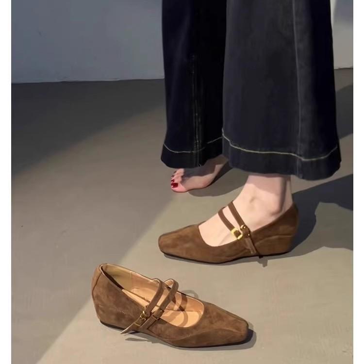 Sheepskin version~ Retro inner height increase square head single shoes one-word buckle commuting temperament French slope heel Mary Jane shoes women