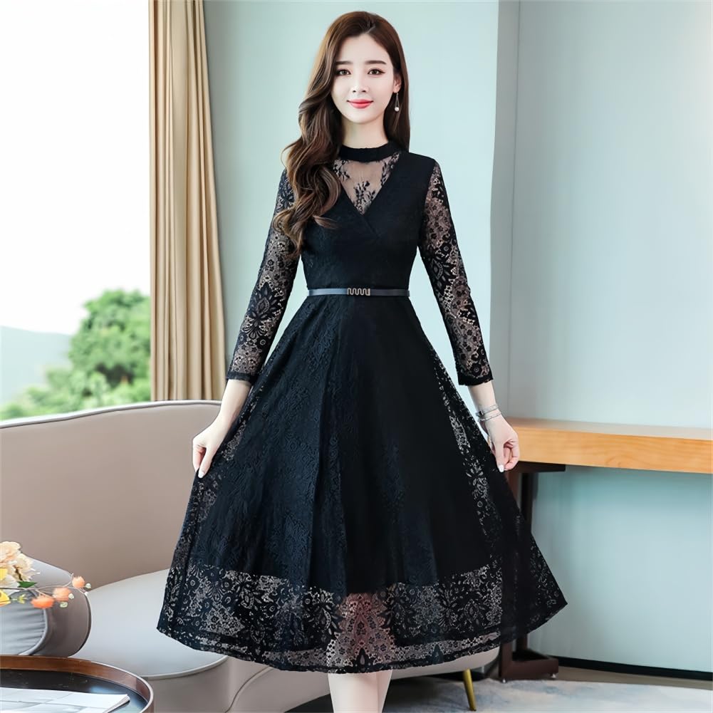 EDREES Formal Wedding Long Round Party Perfect for and Everyday Wear Women's Dress, Dress, Sleeves, Neck, Lace, Embroidery, Belt, Dress, Stylish,