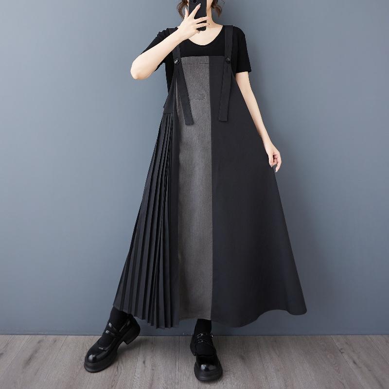 

DIMANAF 2025 Women Plus Size Summer Dress Casual Pleated Sleeveless Dress Basic Vintage Loose Long Overall Dress One Size чёрный