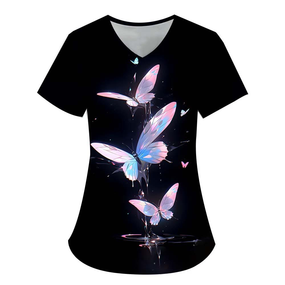 Damen T-Shirt V-Ausschnitt Krankenschwester Uniform Pendeln Schwarze Serie Schmetterlingsdruck Damen T-Shirt