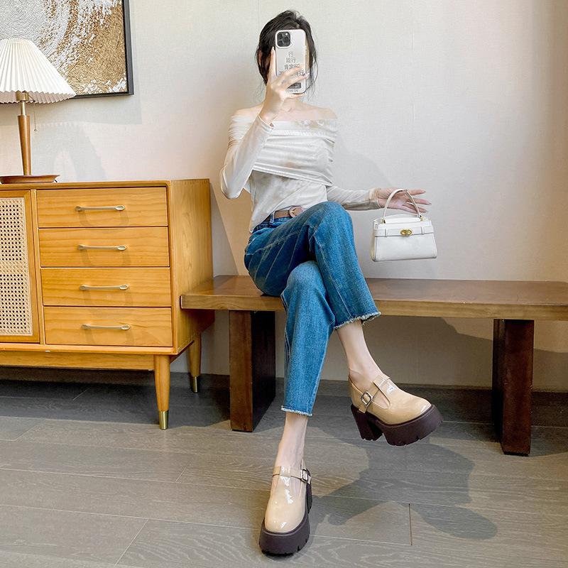 12Lm geringe Innenhöhenerhöhung khaki Mary Janes kleine Lederschuhe Damen runde Zehen superhoher Absatz kleine Größe Plateau Einzelne Schuhe 33