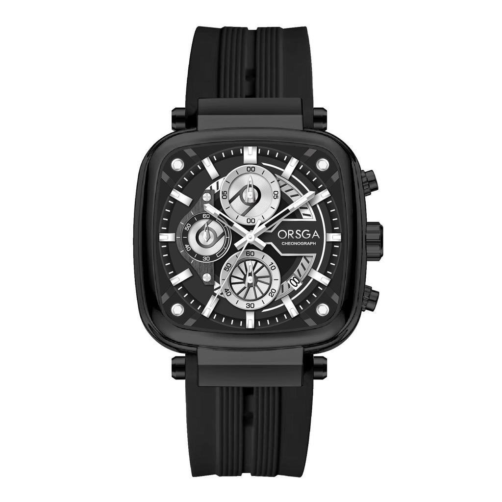 Mens Square Chronograph Watches Waterproof Luminous Quartz Wrist Watch with Silicone Strap