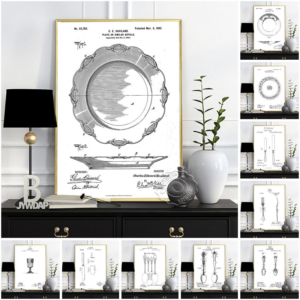 Knifes Forks Goblet Spoon Dinner Plate Print Poster Kitchen Dining Room Teaspoons Wall Picture Home Decor Canvas Painting No Frame