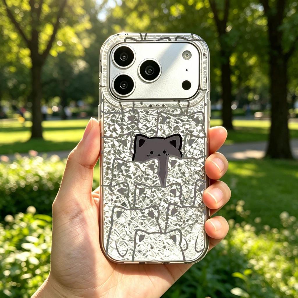 Case for iphone XS Max 16 Plus 17 Pro 14 15 11 18 Pro Max 13 Air 12 XR Silver Glitter Crackle Background Cat Hidden Patterns