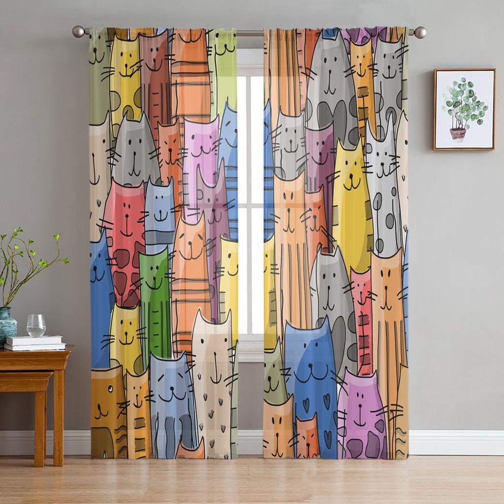 Cartoon Cat Kitty Drapes for Living Room Bedroom Kitchen Decoration Contemporary Kawaii Animal Pet Chiffon Sheer Curtain