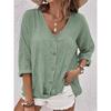 Women's V-Neck Three Quarter Sleeve Casual Loose Fit Button Down Blouse Shirt