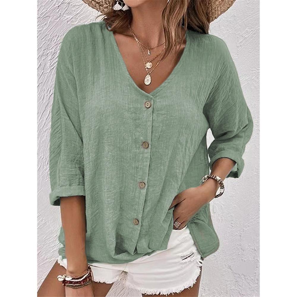 Women's V-Neck Three Quarter Sleeve Casual Loose Fit Button Down Blouse Shirt