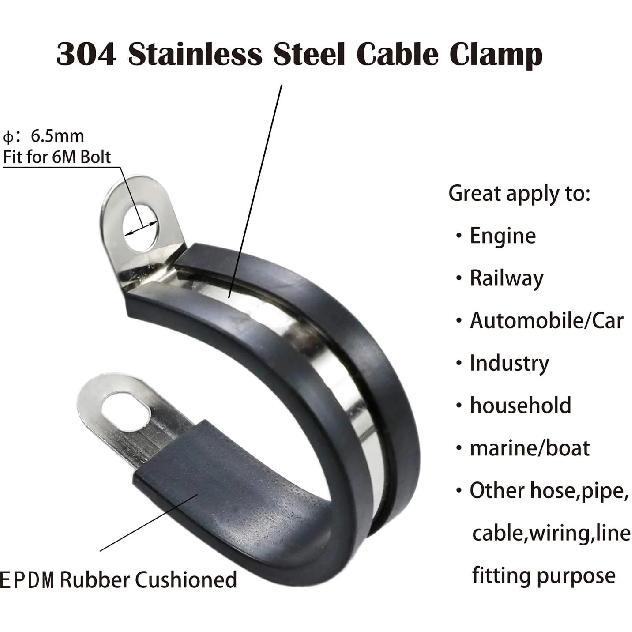 30Pcs Rubber Lined P Clips 6-45mm 304 Stainless Steel Bracket Clamp Pipe Wall Mounting Fix Fasteners for Wires Cable Clamp Clip