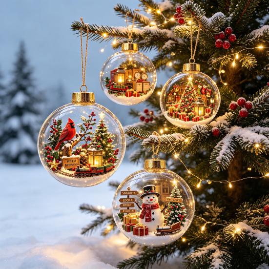 Decorative Acrylic Christmas Ornaments Tree Crystal Ball Pendant with LED Light, Built-in Christmas-themed Gift for Family Pattern Design, Hanging