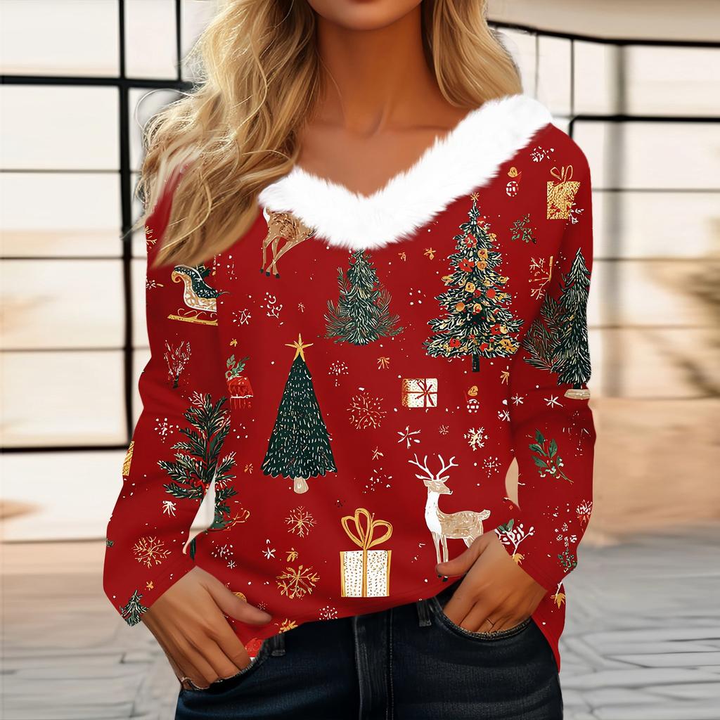 Damen T-Shirt mit Weihnachtsaufdruck, langärmelig, Party, Weihnachten, Fleecekragen, V-Ausschnitt