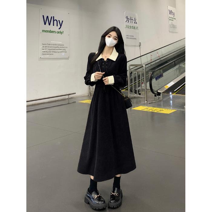 

Large size slightly fat mm contrasting corduroy waist thin meat cover dress women s autumn lapel chic retro skirt 2XL