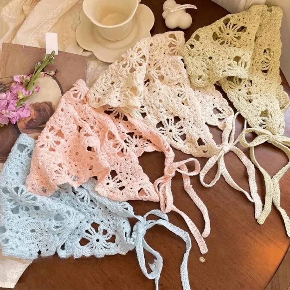 Floral Triangle Turban Pastoral Style Women Hair Scarf Cute Crochet Flower Bandana Summer