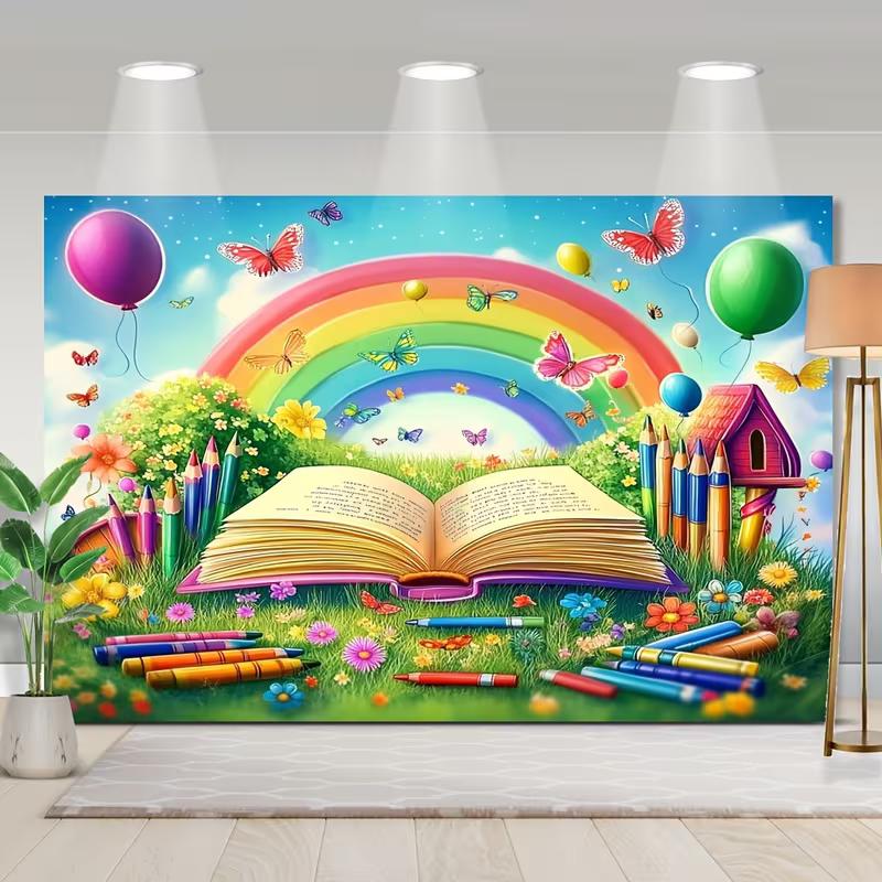 Rainbow Book & Crayons Kids Tapestry, Colorful Butterfly Floral Wall Hanging