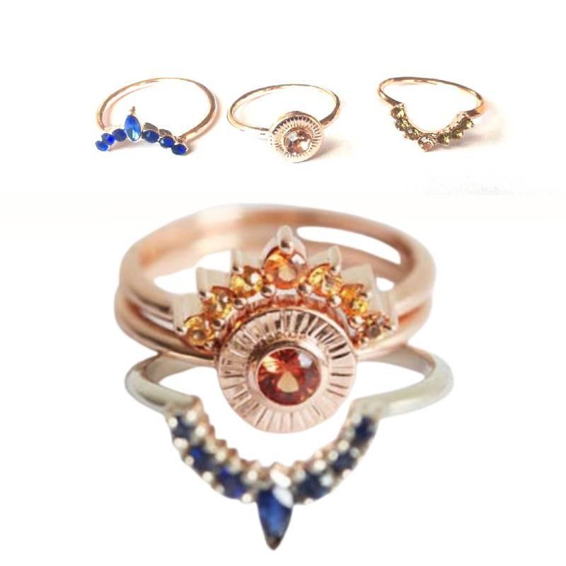 Elegant Rose Gold Three Piece Wedding Ring Set With Geometric Design For Women