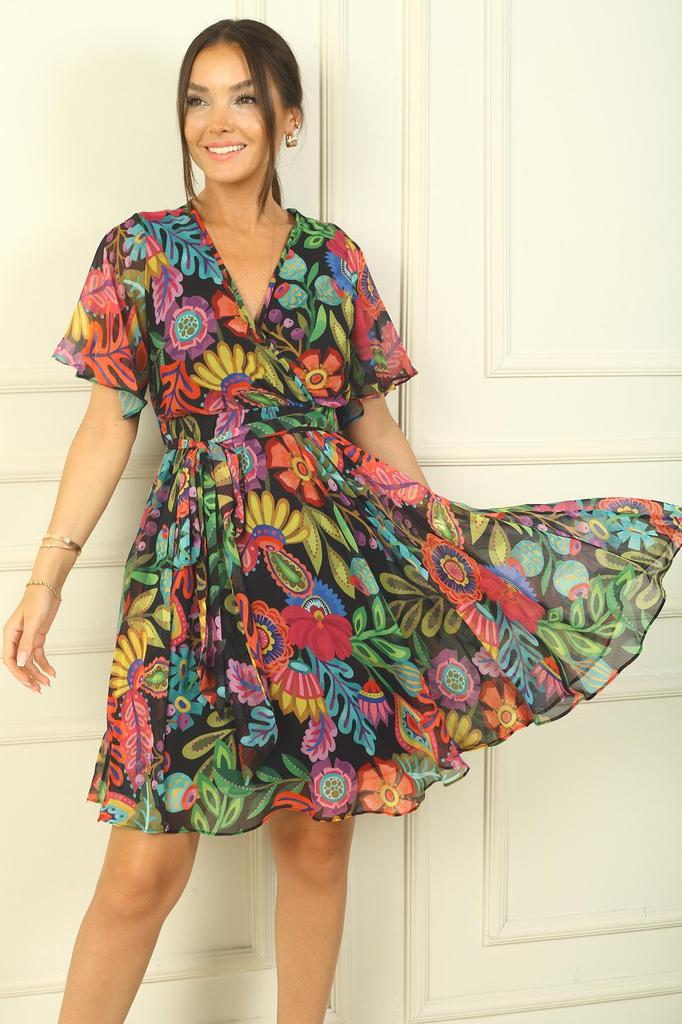 Double Breasted Collar Flounce Sleeve Lined Waist Belted Fresh Pattern Chiffon Short Dress