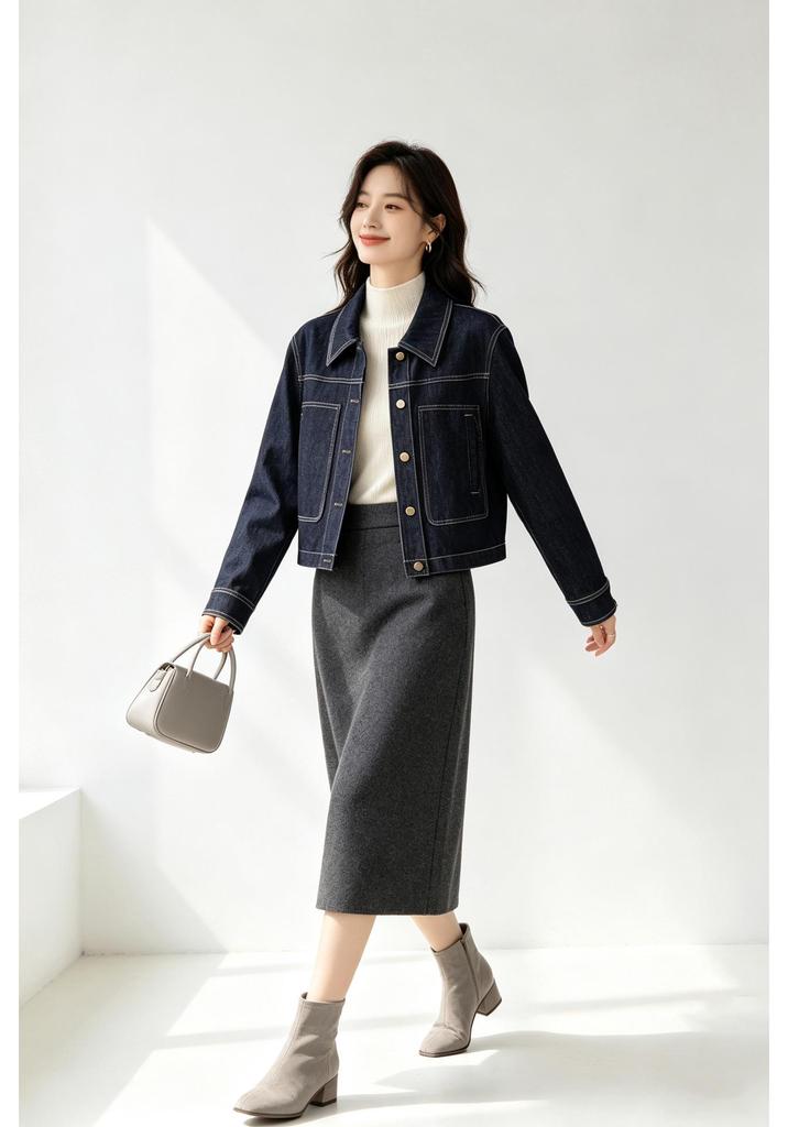 Xin Ge Retro Color Block Denim Jacket - High Waist, Slim Fit, Versatile Commuting Top