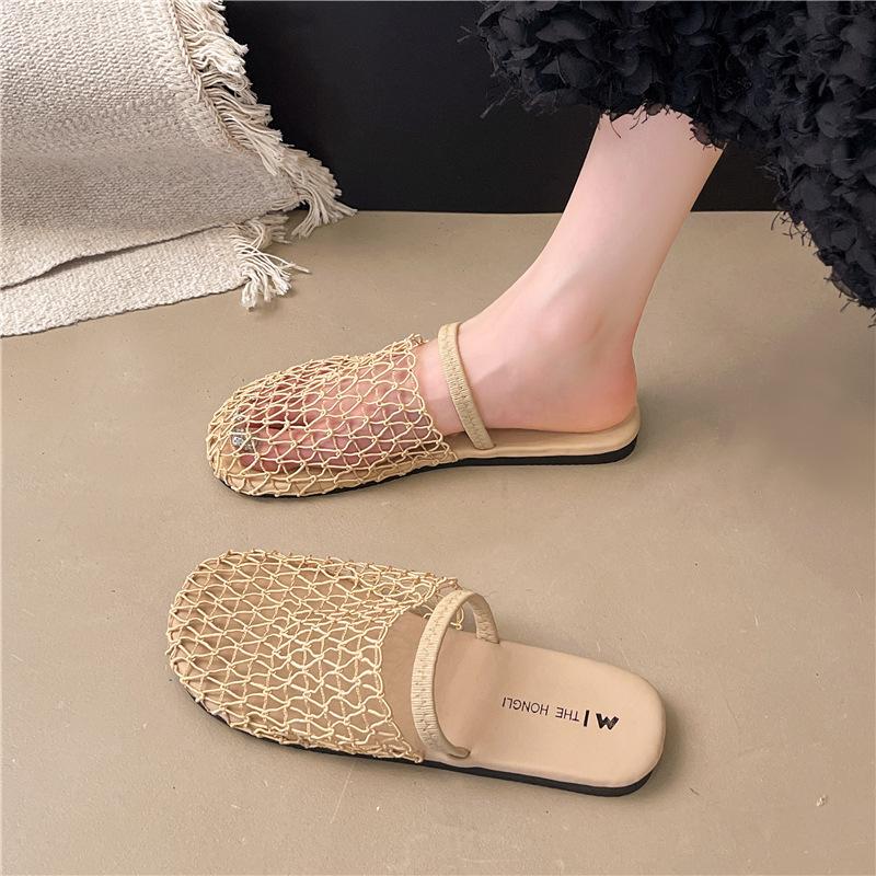 Flat-bottomed mesh fashion outer wear silver bag head half slippers women's shoes 2025 new summer soft-soled sandals