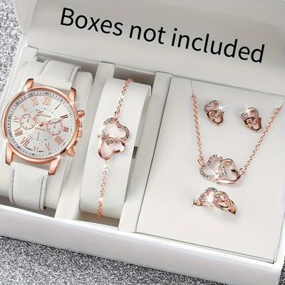 5 Stück Damenhalsketten, Ohrringe, luxuriöse Lederarmbänder, Quarzuhren, Damengeschenke (Ausschließlich Box)