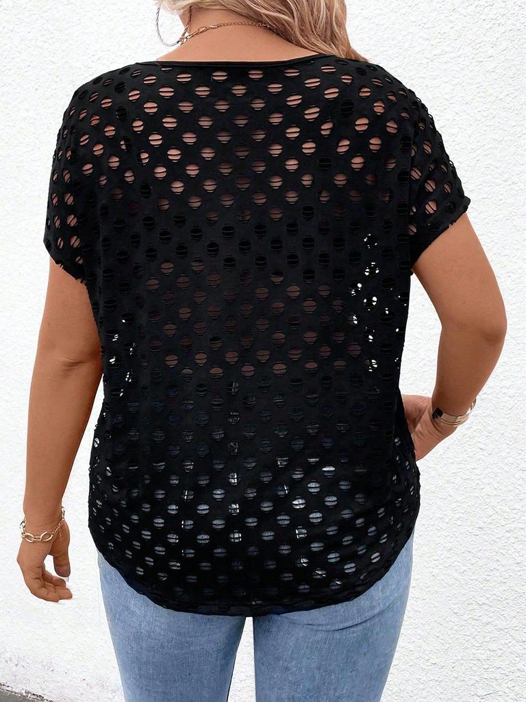 Haut Court Manches Courtes Assemblé à Franges pour Femmes Grande Taille - T-shirt Tricot Sexy ajouré.
