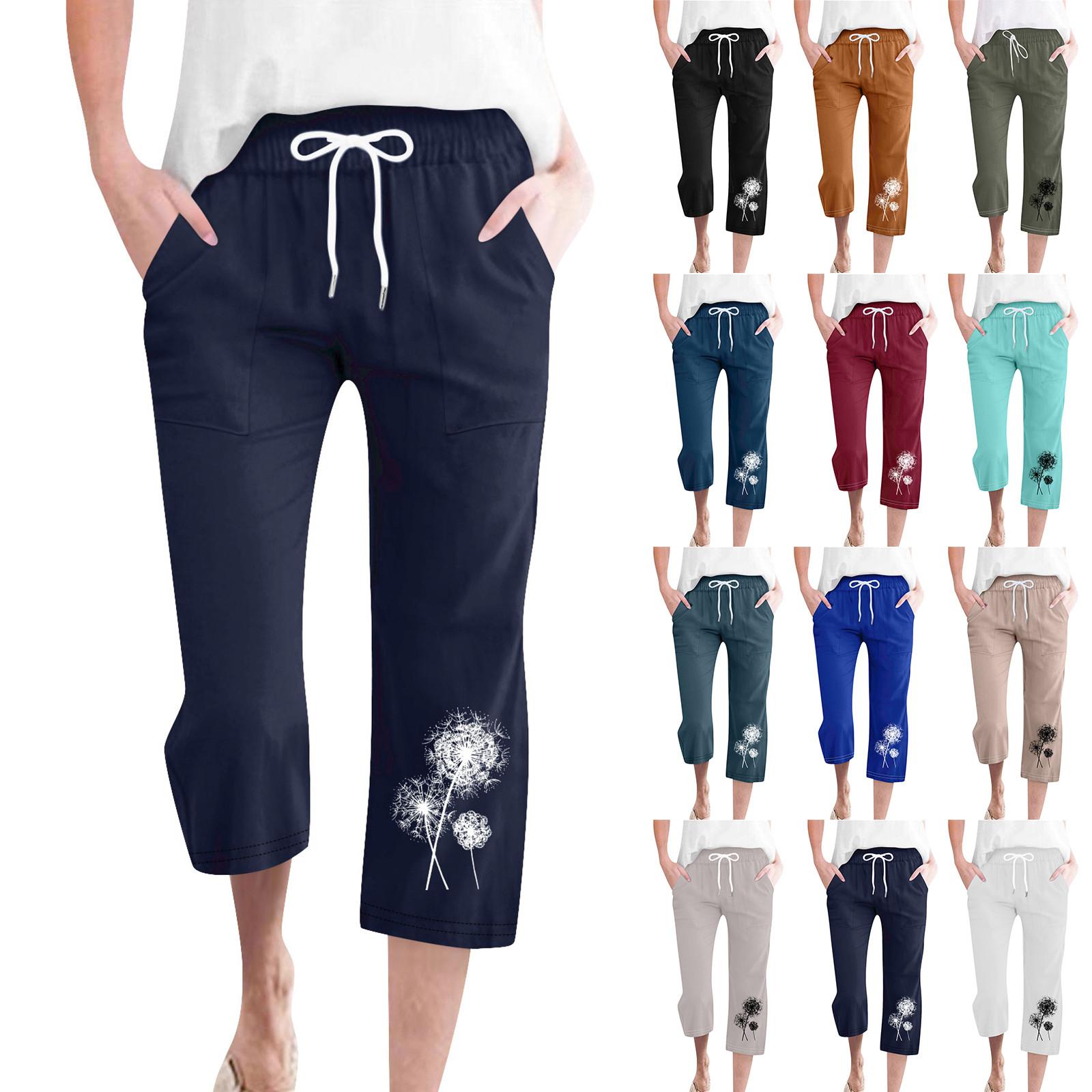 

Женские модные повседневные свободные брюки с принтом, хлопковые льняные брюки с карманами 7/10